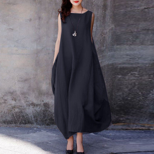 (25% off any two pieces) 2024 Summer Cotton Linen Loose Casual Solid Color Round Neck Pocket Dress Women