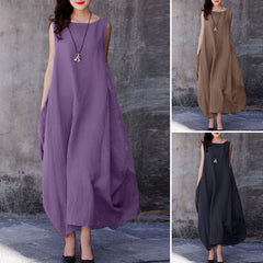 (25% off any two pieces) 2024 Summer Cotton Linen Loose Casual Solid Color Round Neck Pocket Dress Women