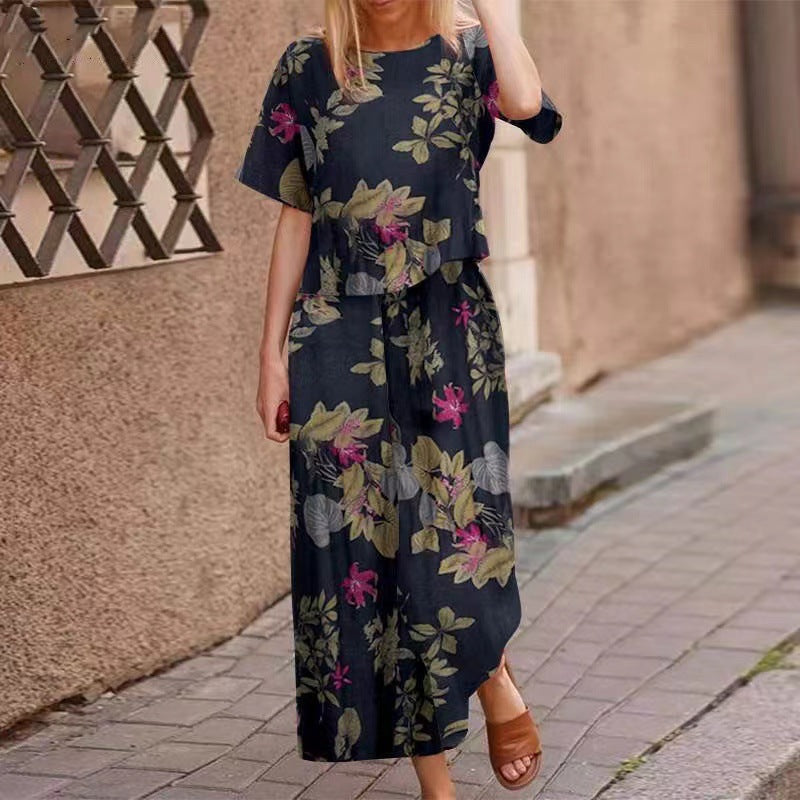 Cotton and linen floral short-sleeved casual nine-quarter pants suit