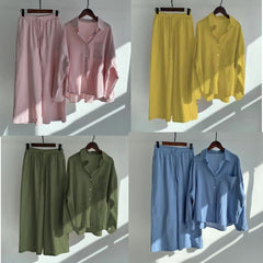 【25% Off Any 2 Pieces】Solid color cotton and linen shirt high waist loose trousers suit