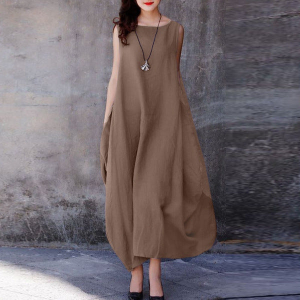 (25% off any two pieces) 2024 Summer Cotton Linen Loose Casual Solid Color Round Neck Pocket Dress Women