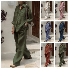 【25% Off Any 2 Pieces)】 Casual loose long-sleeved shirt and wide-leg pants suit