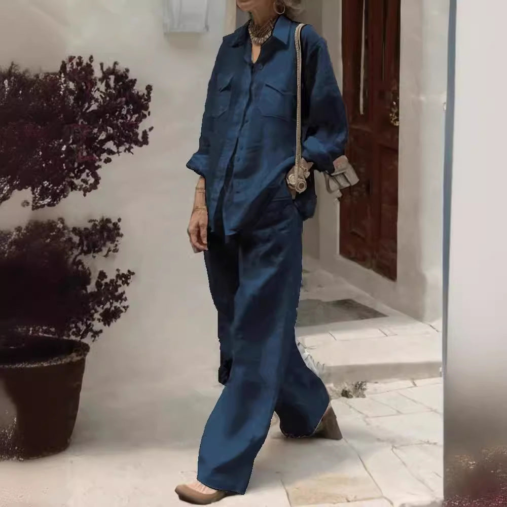 【25% Off Any 2 Pieces)】 Casual loose long-sleeved shirt and wide-leg pants suit