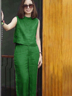 Female Solid Color Sleeveless Casual Cotton Linen Suit