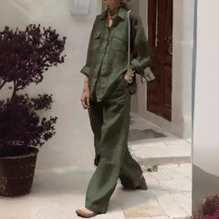 【25% Off Any 2 Pieces)】 Casual loose long-sleeved shirt and wide-leg pants suit