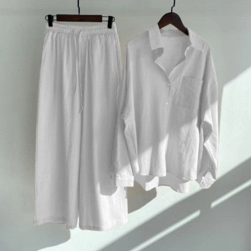 【25% Off Any 2 Pieces】Solid color cotton and linen shirt high waist loose trousers suit