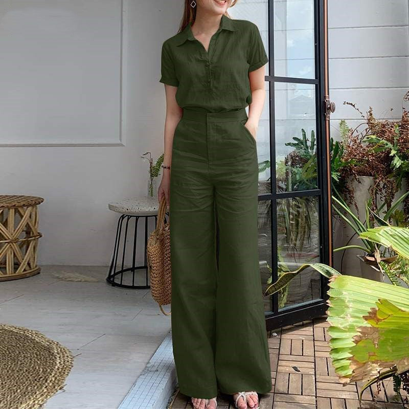 【2 pieces 75% off】 Fashionable lapel cotton and linen solid color short-sleeved wide-leg pants suit