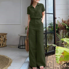 【2 pieces 75% off】 Fashionable lapel cotton and linen solid color short-sleeved wide-leg pants suit