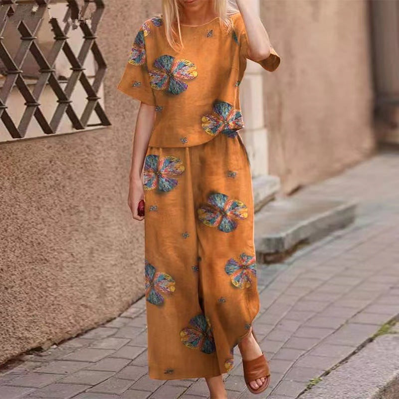 Cotton and linen floral short-sleeved casual nine-quarter pants suit