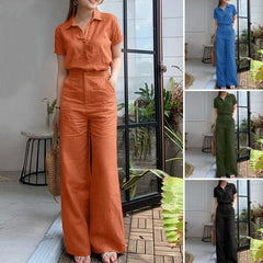 【2 pieces 75% off】 Fashionable lapel cotton and linen solid color short-sleeved wide-leg pants suit