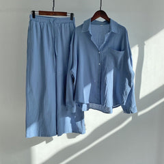 【25% Off Any 2 Pieces】Solid color cotton and linen shirt high waist loose trousers suit