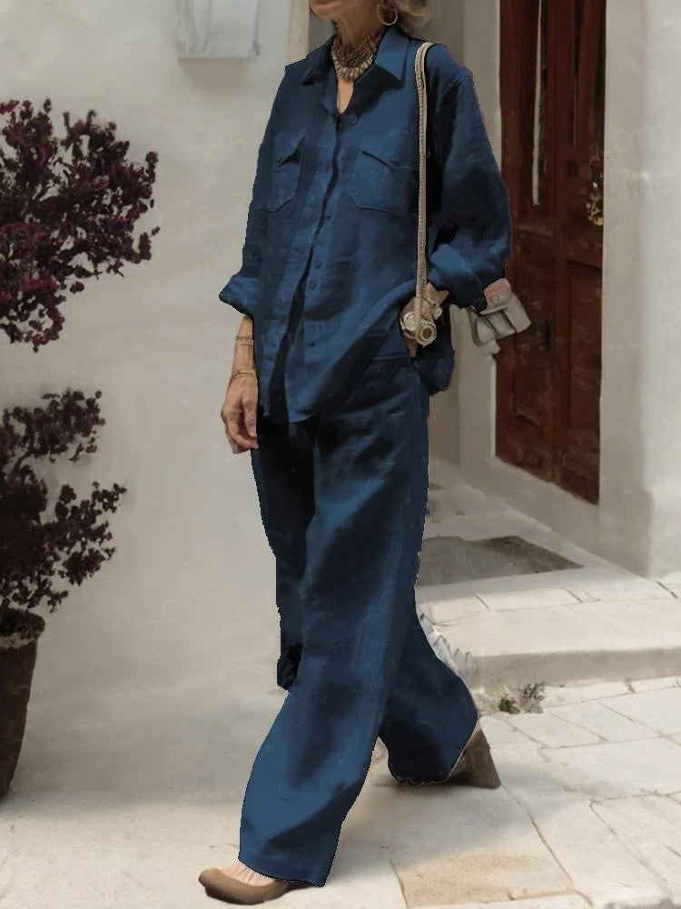 【25% Off Any 2 Pieces)】 Casual loose long-sleeved shirt and wide-leg pants suit