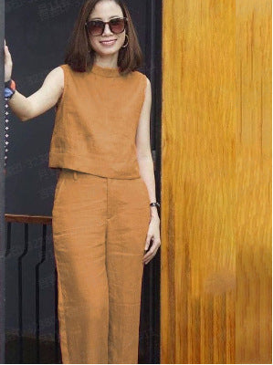 Female Solid Color Sleeveless Casual Cotton Linen Suit