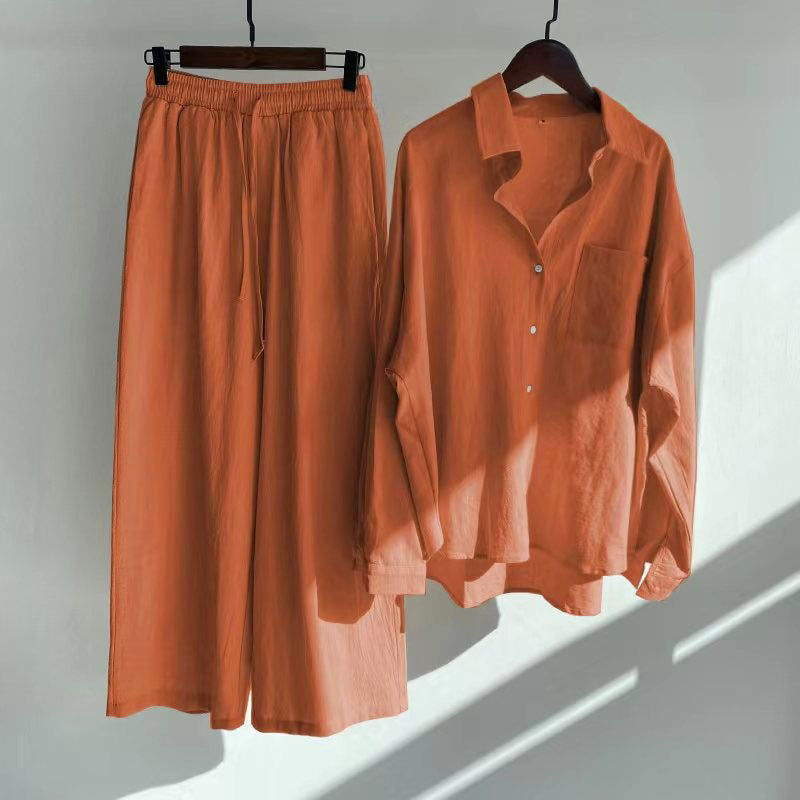 【25% Off Any 2 Pieces】Solid color cotton and linen shirt high waist loose trousers suit