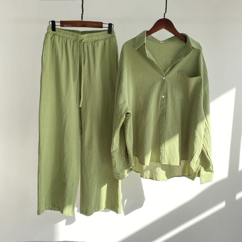 【25% Off Any 2 Pieces】Solid color cotton and linen shirt high waist loose trousers suit