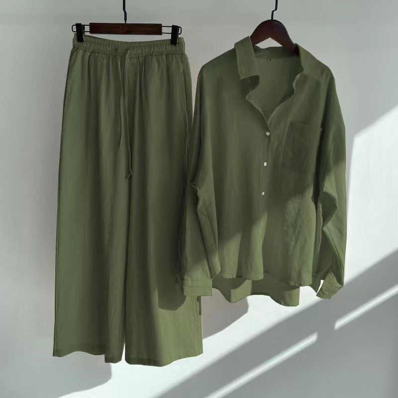 【25% Off Any 2 Pieces】Solid color cotton and linen shirt high waist loose trousers suit