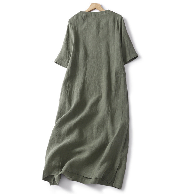 🔥🔥25% Off Any Two Items In The Store🔥🔥Summer new round neck cotton and linen dress cotton temperament solid color long skirt