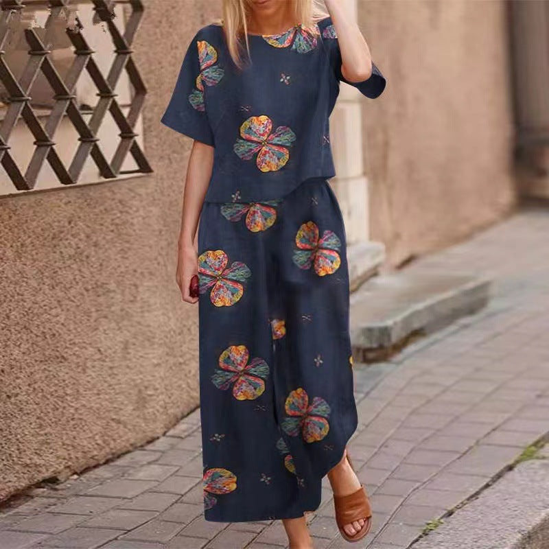 Cotton and linen floral short-sleeved casual nine-quarter pants suit