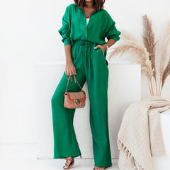 【25% off for 2 pieces】Casual and simple solid color half open collar shirt and high waist trousers suit