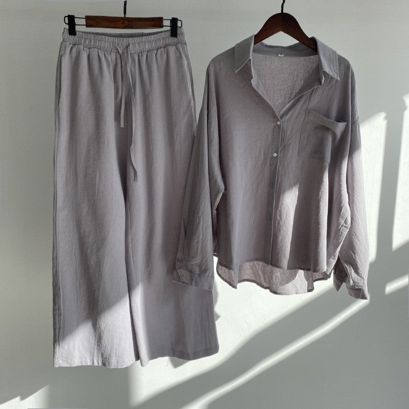 【25% Off Any 2 Pieces】Solid color cotton and linen shirt high waist loose trousers suit