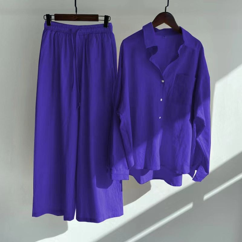 【25% Off Any 2 Pieces】Solid color cotton and linen shirt high waist loose trousers suit