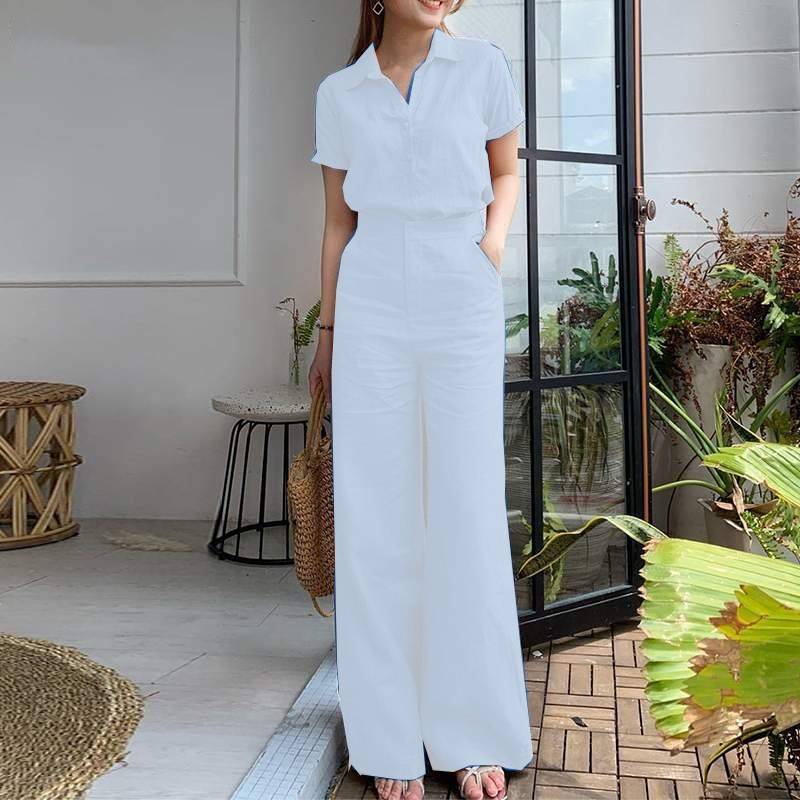 【2 pieces 75% off】 Fashionable lapel cotton and linen solid color short-sleeved wide-leg pants suit