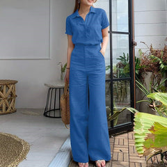 【2 pieces 75% off】 Fashionable lapel cotton and linen solid color short-sleeved wide-leg pants suit