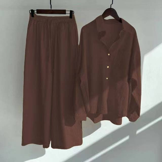 【25% Off Any 2 Pieces】Solid color cotton and linen shirt high waist loose trousers suit