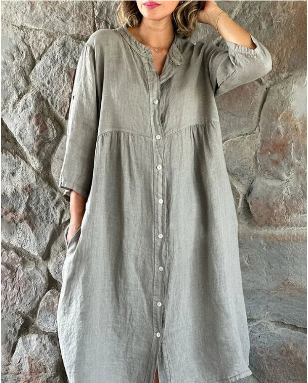 【2 pieces 25% off】New cotton and linen solid color casual button long dress