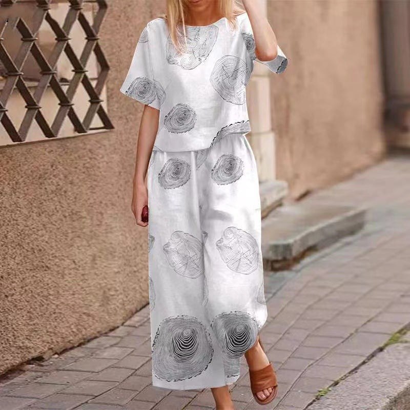 Cotton and linen floral short-sleeved casual nine-quarter pants suit