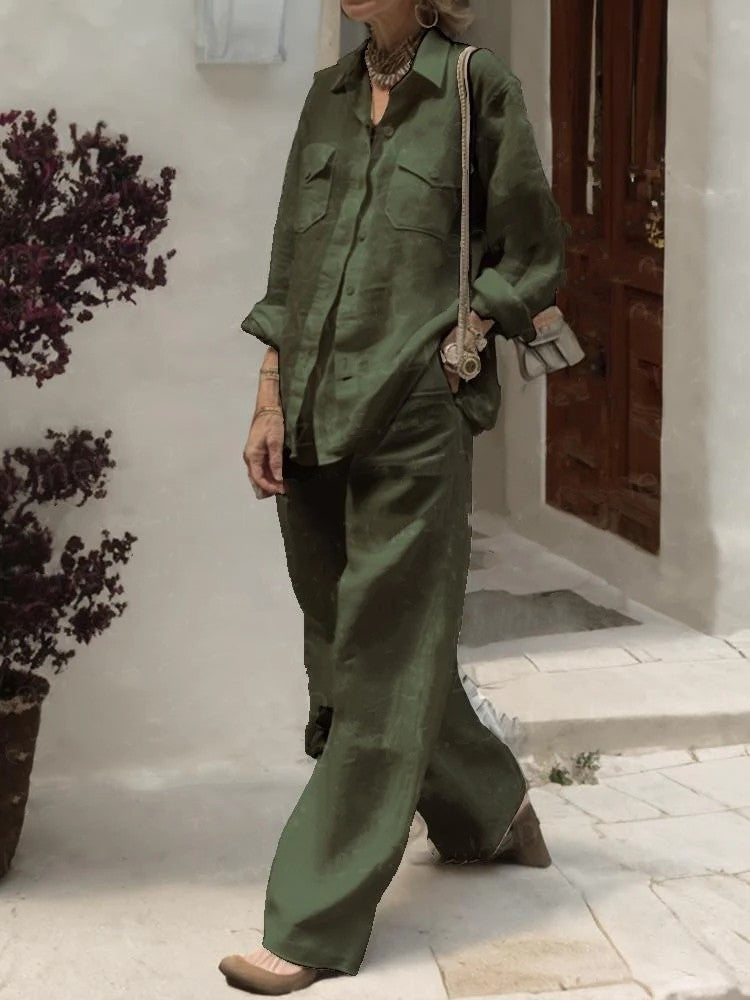 【25% Off Any 2 Pieces)】 Casual loose long-sleeved shirt and wide-leg pants suit