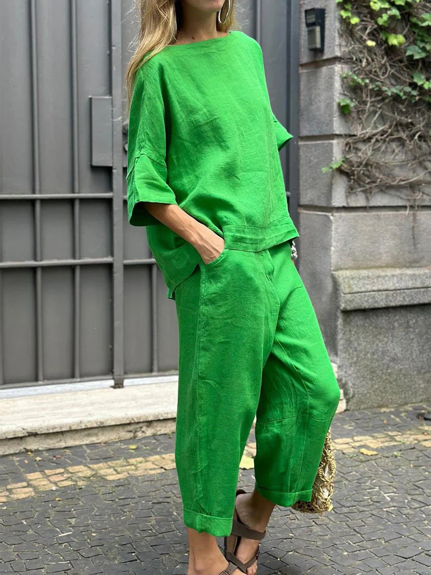 【25% off for 2 pieces】Large size cotton and linen shirt, high waisted loose trousers suit