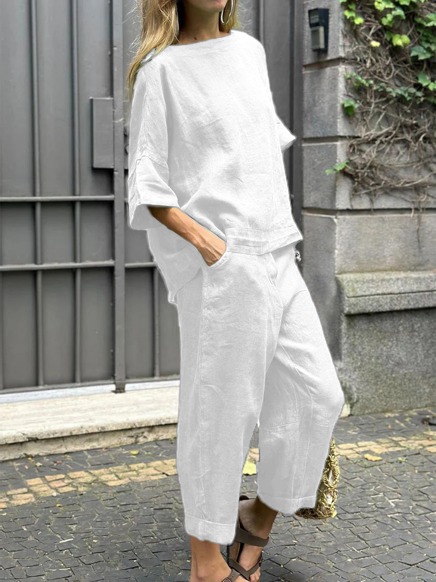 【25% off for 2 pieces】Large size cotton and linen shirt, high waisted loose trousers suit