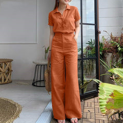 【2 pieces 75% off】 Fashionable lapel cotton and linen solid color short-sleeved wide-leg pants suit