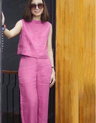 Female Solid Color Sleeveless Casual Cotton Linen Suit