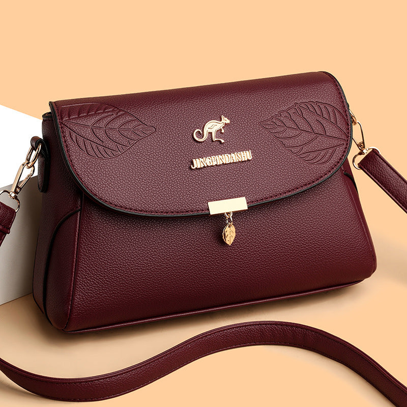 Stylish large capacity leaf embossed shoulder bag