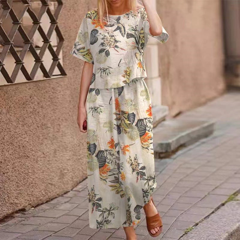 Cotton and linen floral short-sleeved casual nine-quarter pants suit