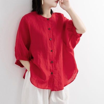 【2 pieces 75% off】 Retro lantern sleeve cotton and linen shirt