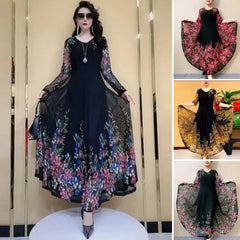 💃【L-4XL】 Fashion Women's Double Layer Mesh Printed Dresses💐