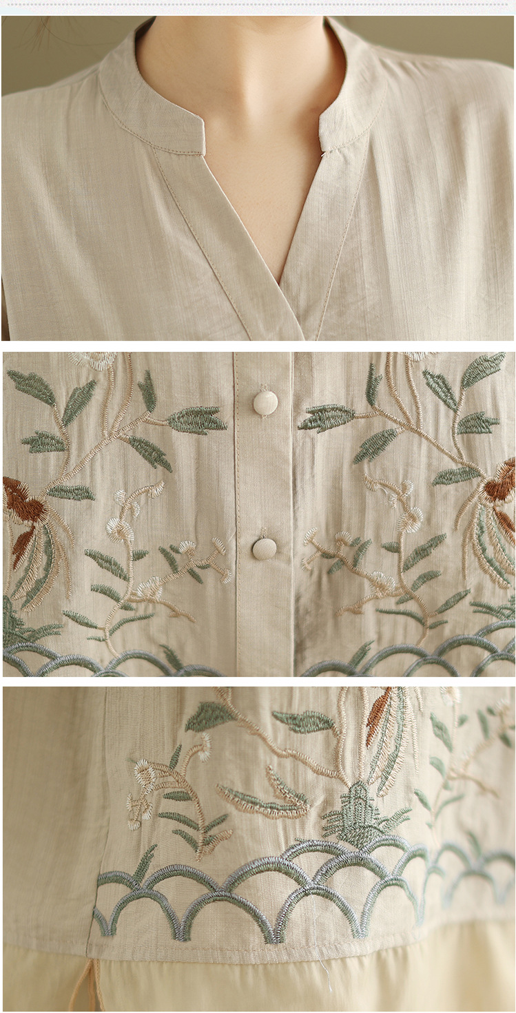 2025 Summer Cotton Linen Small Standing Collar Embroidered Top + Wide Leg Pants Loose Fashion Two Piece Set
