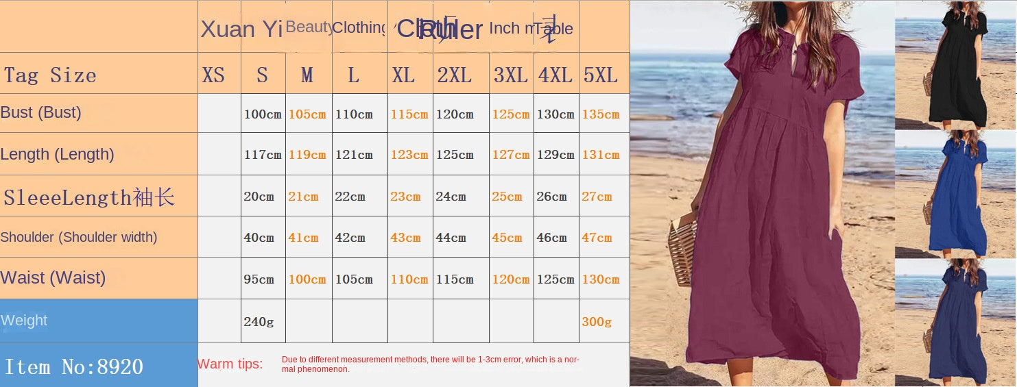 2025 Solid Color V-Neck Short Sleeve Loose Casual Long Women's Cotton Linen Dresses