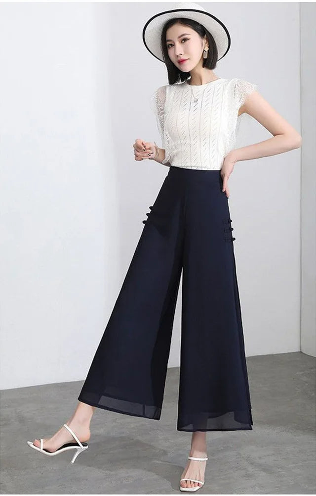 High waist drape chiffon wide-leg pants