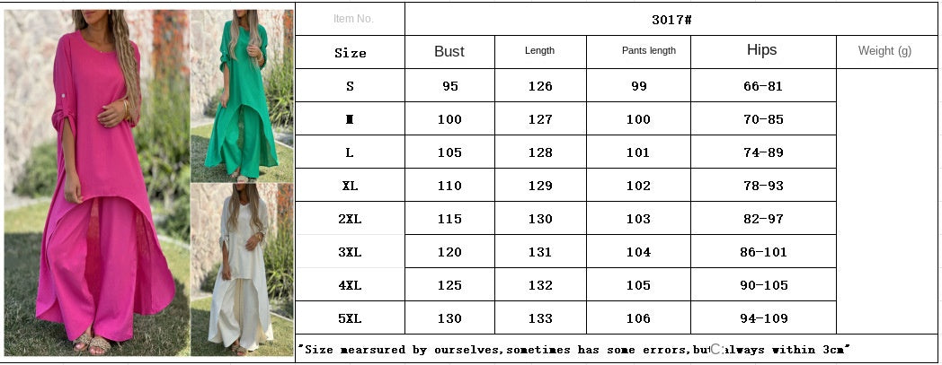 2025 Spring and Summer Women's Cotton and Linen Irregular Long Sleeve Wide Leg Pants Two Piece Suit