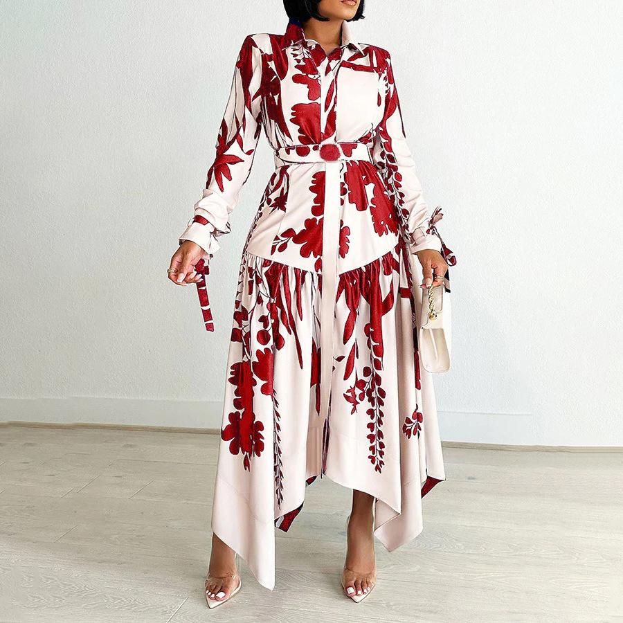 （ 30% off any two items ）New fashionable lapel long sleeve loose printed shirt dress plus size dress