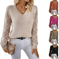 （25% Off Any Two Items）Solid Color V-Neck Mesh Sleeve Knit Pullover Sweater