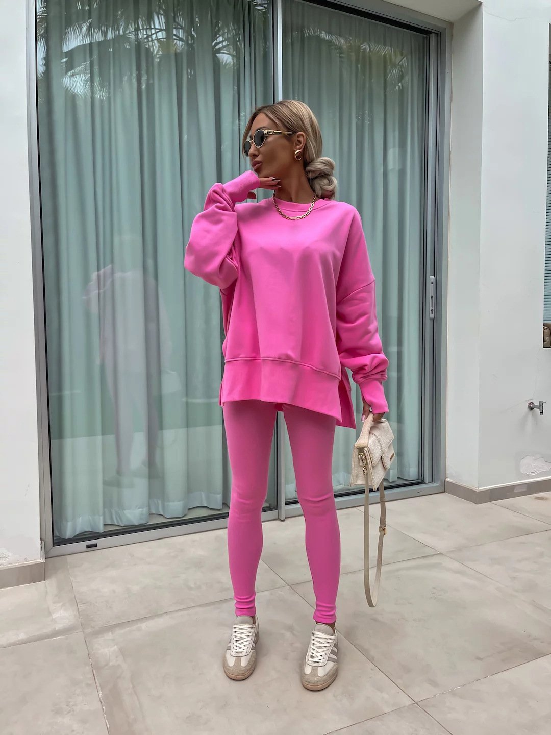 （25% off any two items）New sweatshirt suit casual loose long sleeve round neck slit top tight trousers