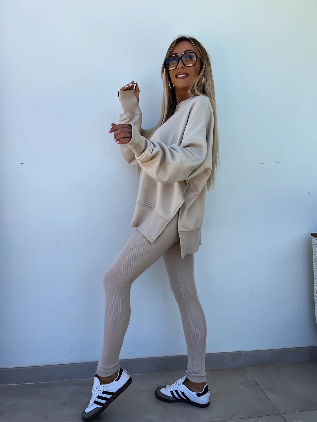 （25% off any two items）New sweatshirt suit casual loose long sleeve round neck slit top tight trousers