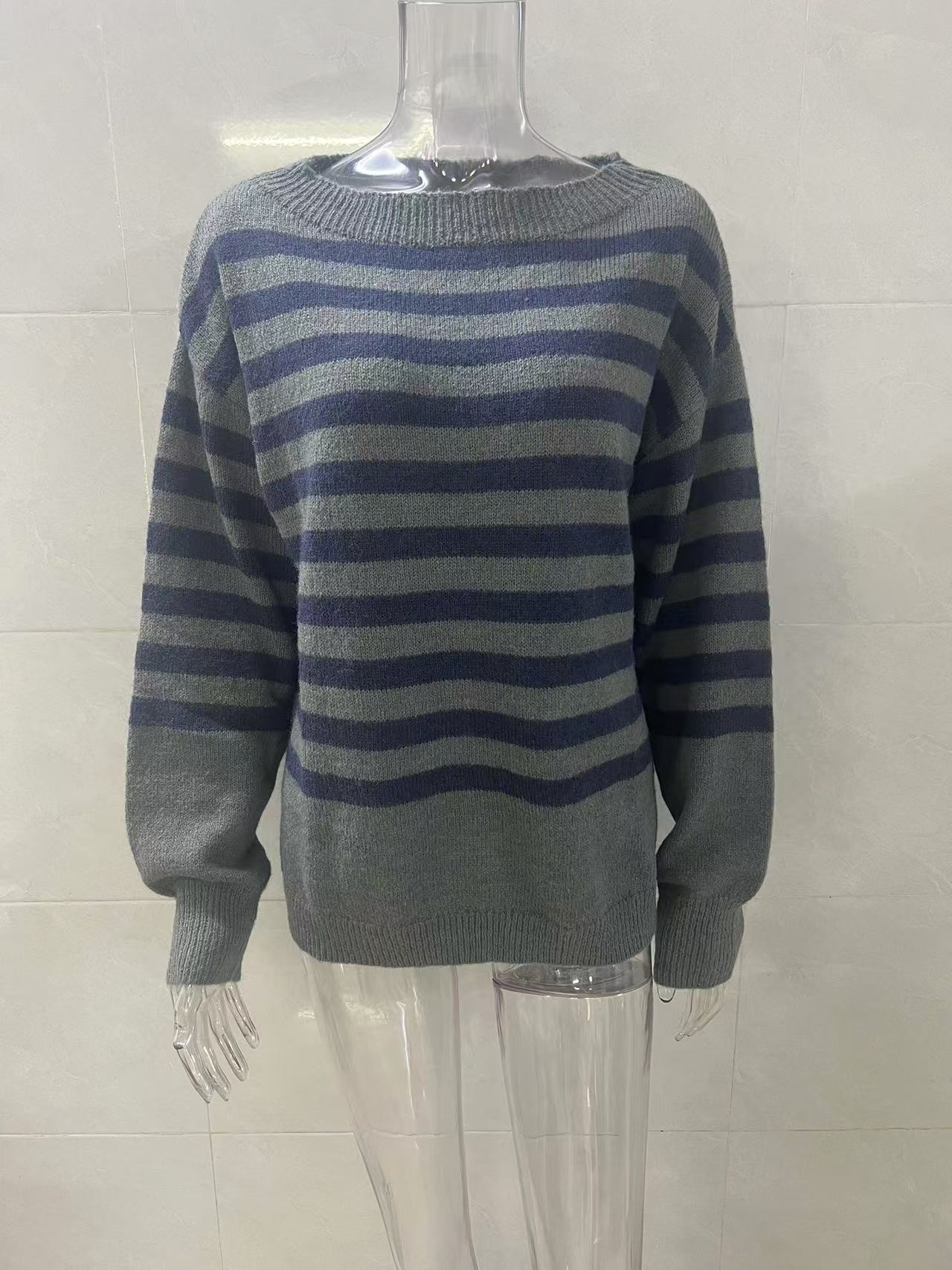 Autumn and winter new knitwear women's senior sense of casual loose lazy wind women's striped sweater women