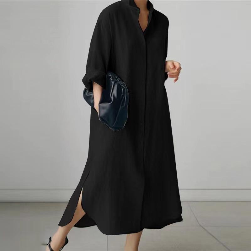 （30% Off Any Two Items）New Solid Color Long Sleeve Cardigan Casual Loose Irregular Split Cotton Linen Long Dresses