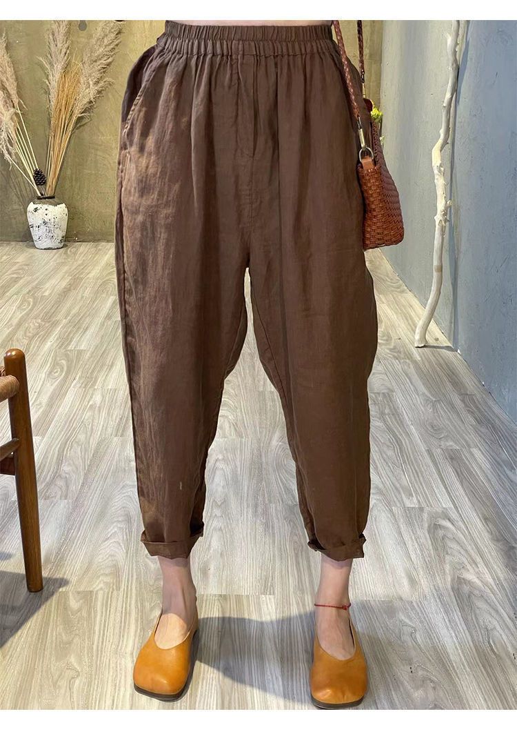 New summer shirt retro literary temperament cotton linen drawstring trousers two-piece set